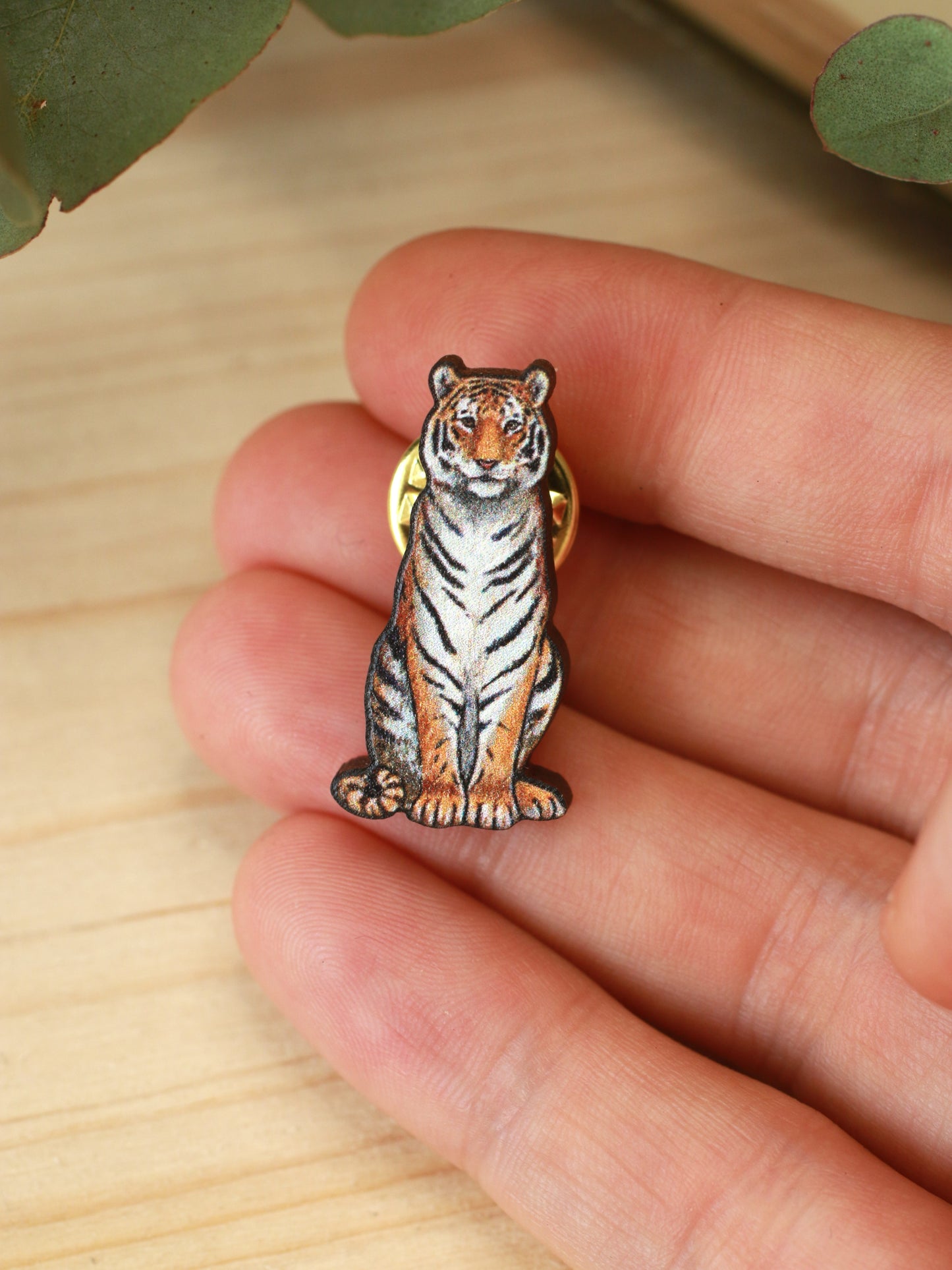 Tiger pin - wooden tiger brooch