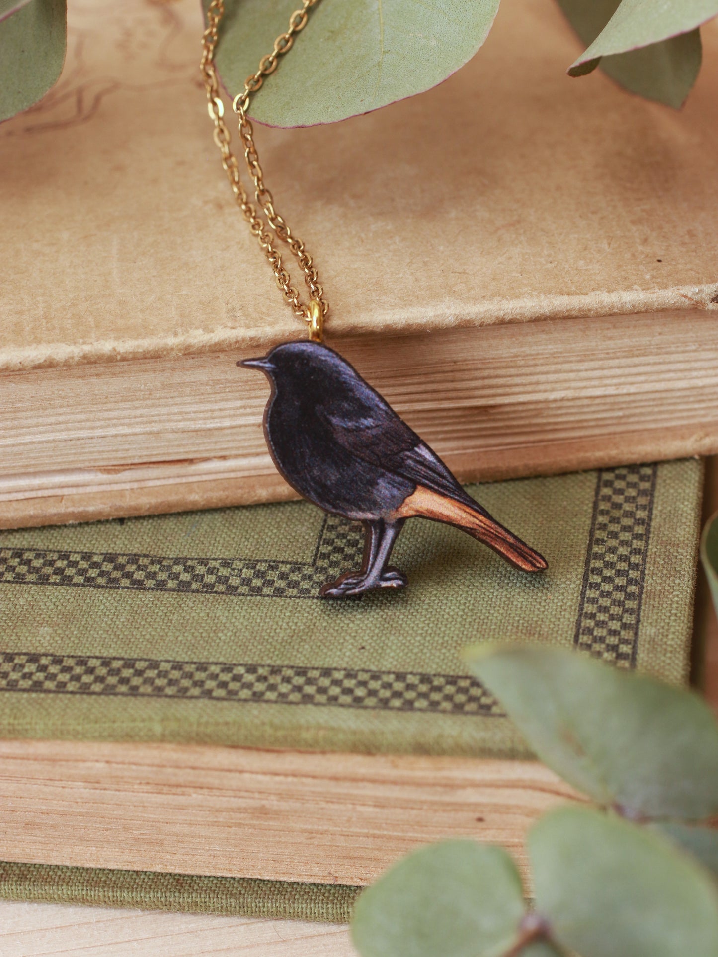 Black redstart necklace - wooden bird pendant