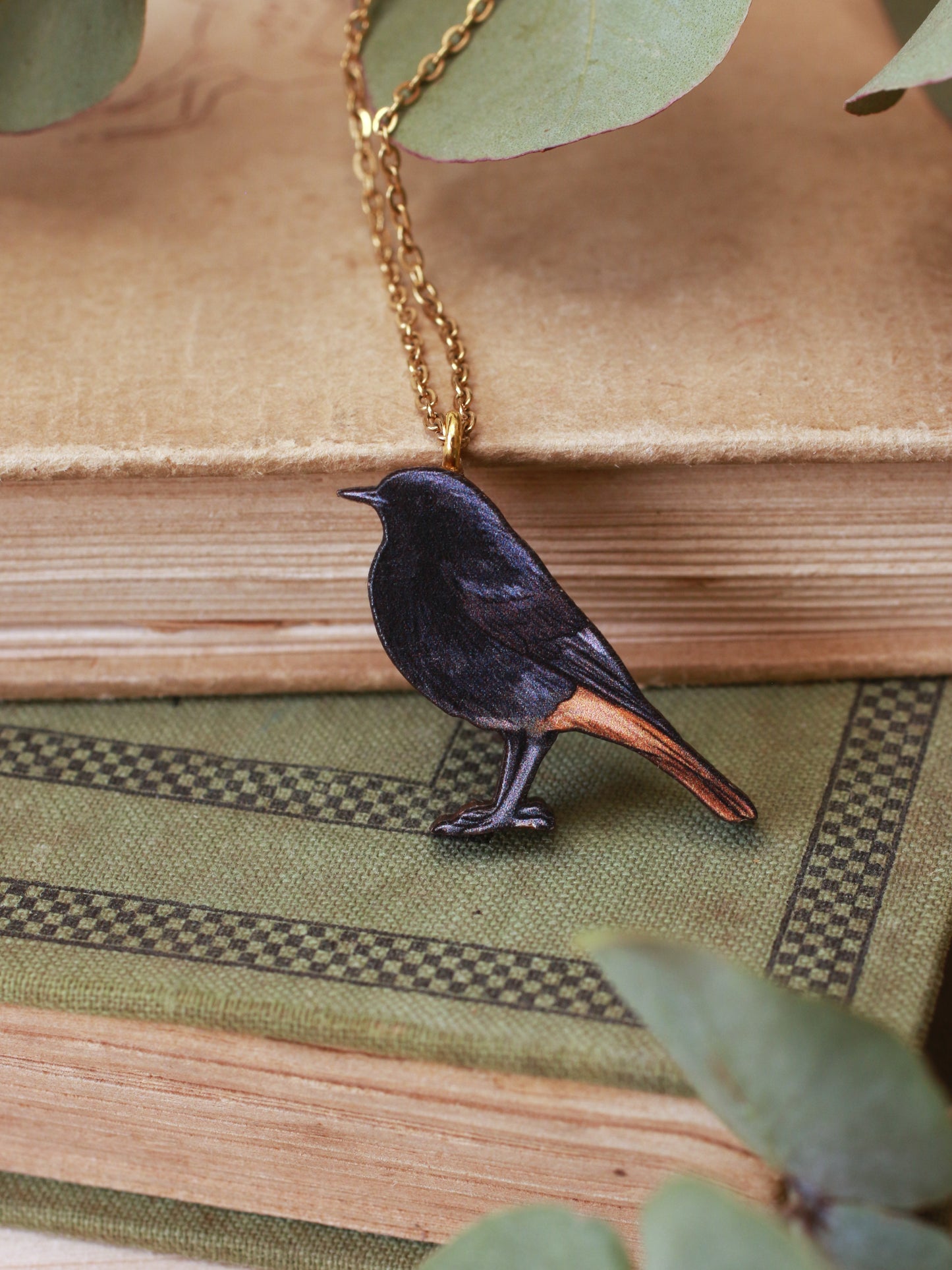 Black redstart necklace - wooden bird pendant