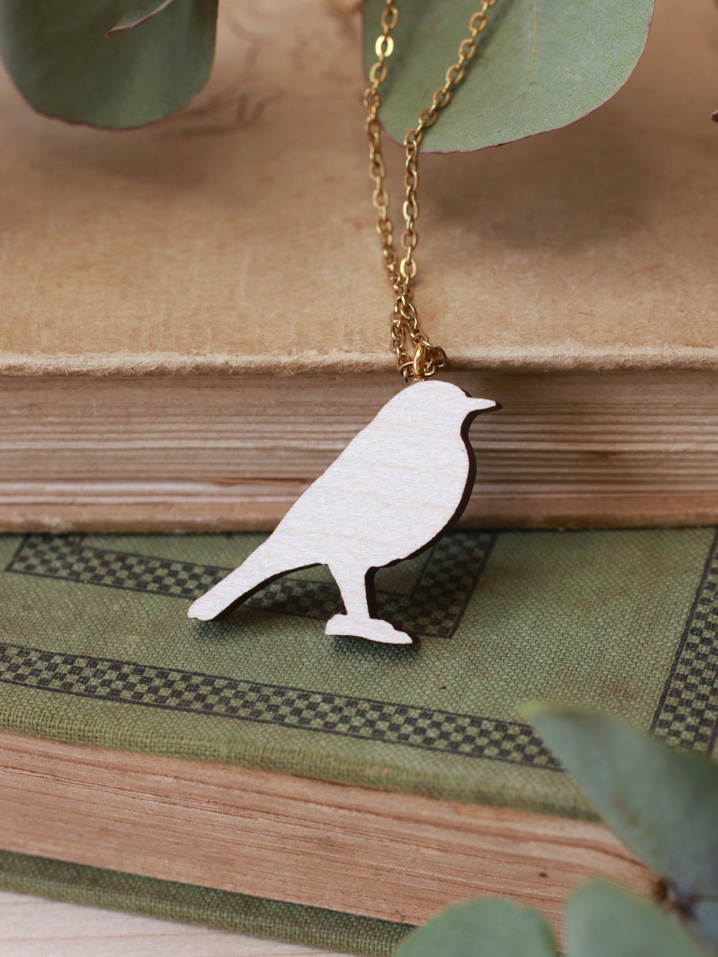 Black redstart necklace - wooden bird pendant