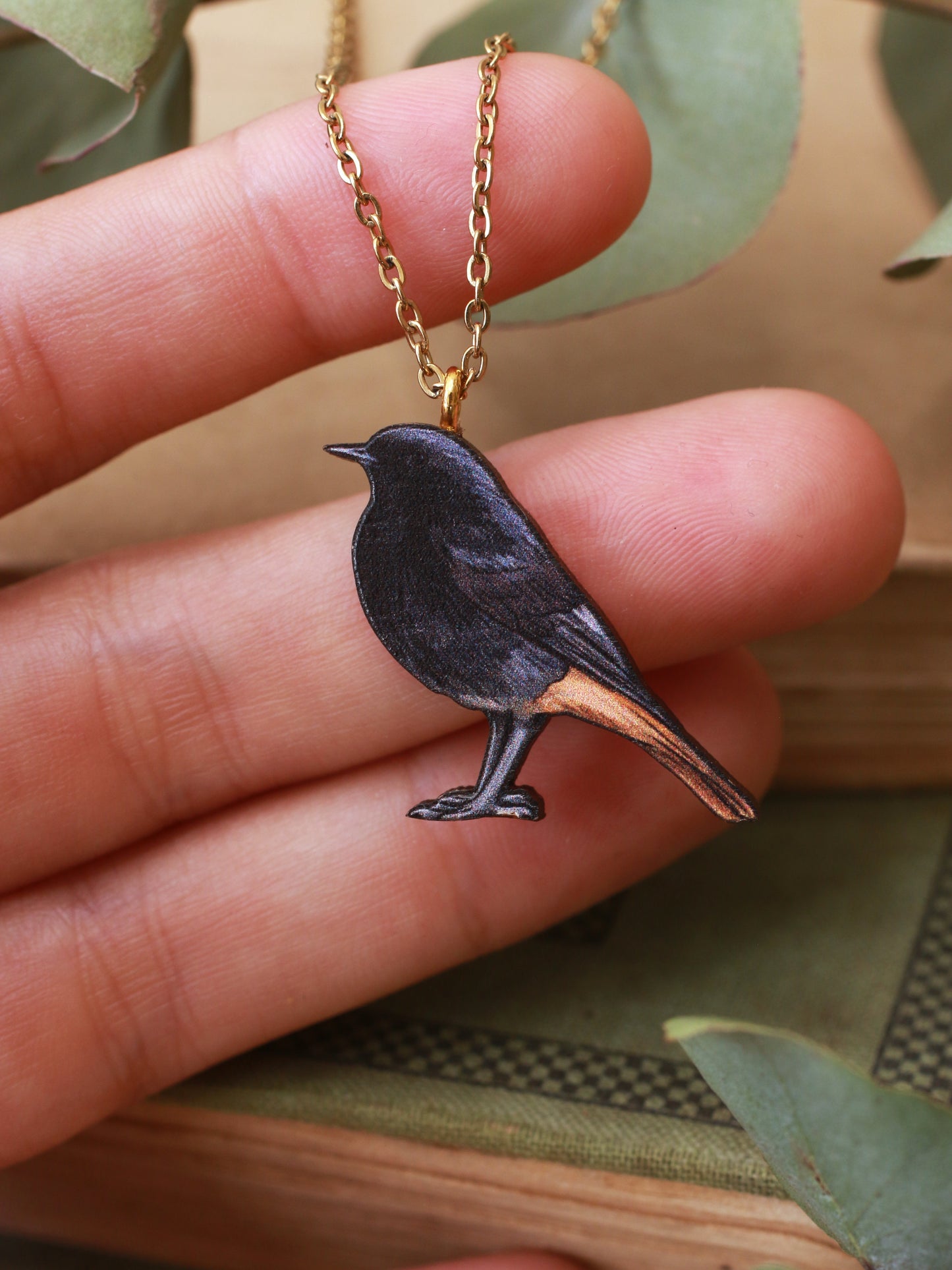 Black redstart necklace - wooden bird pendant