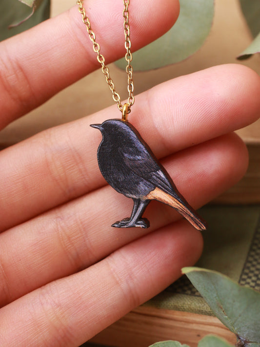 Black redstart necklace - wooden bird pendant