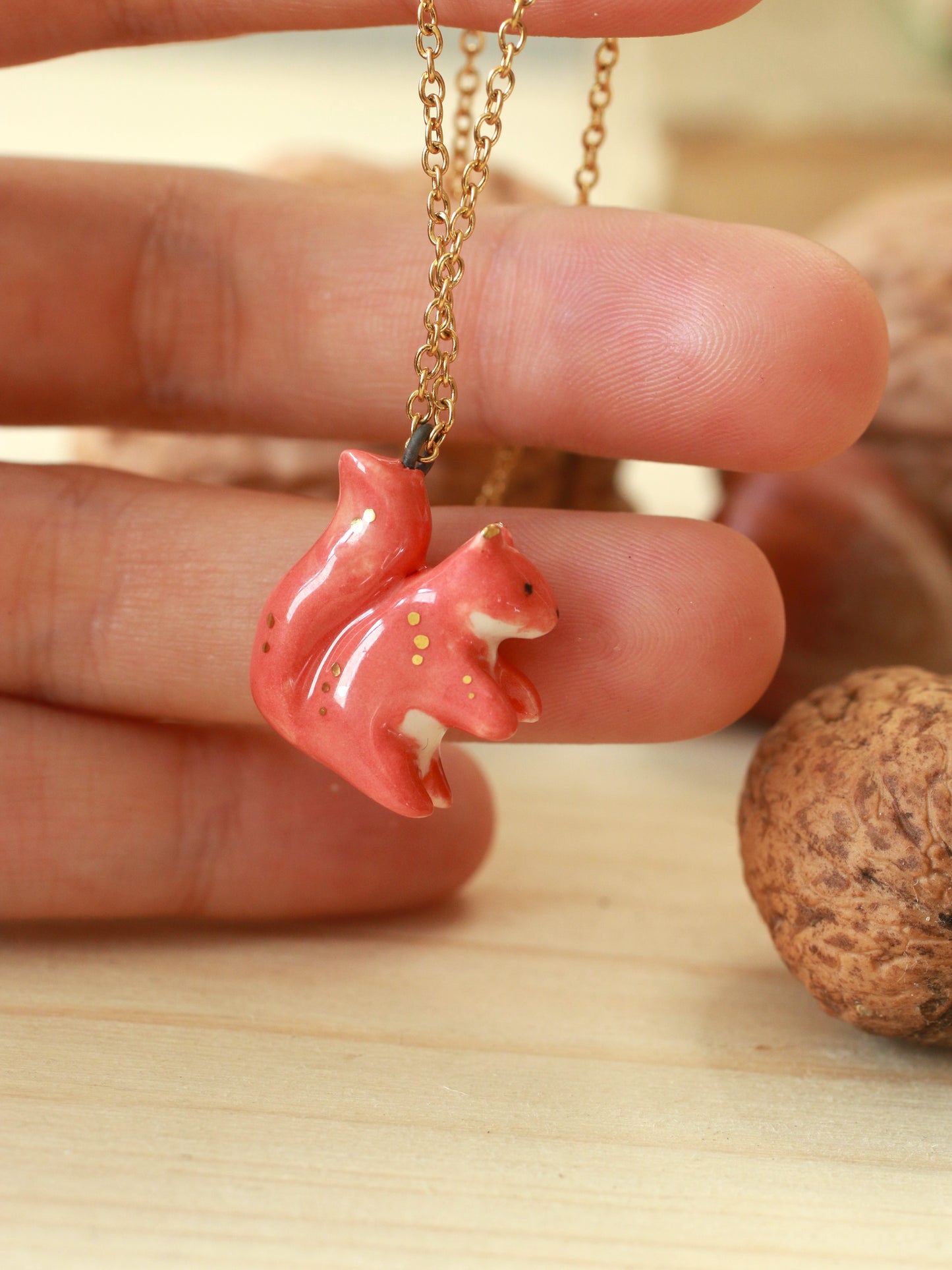 Ceramic squirrel necklace - 22k gold details