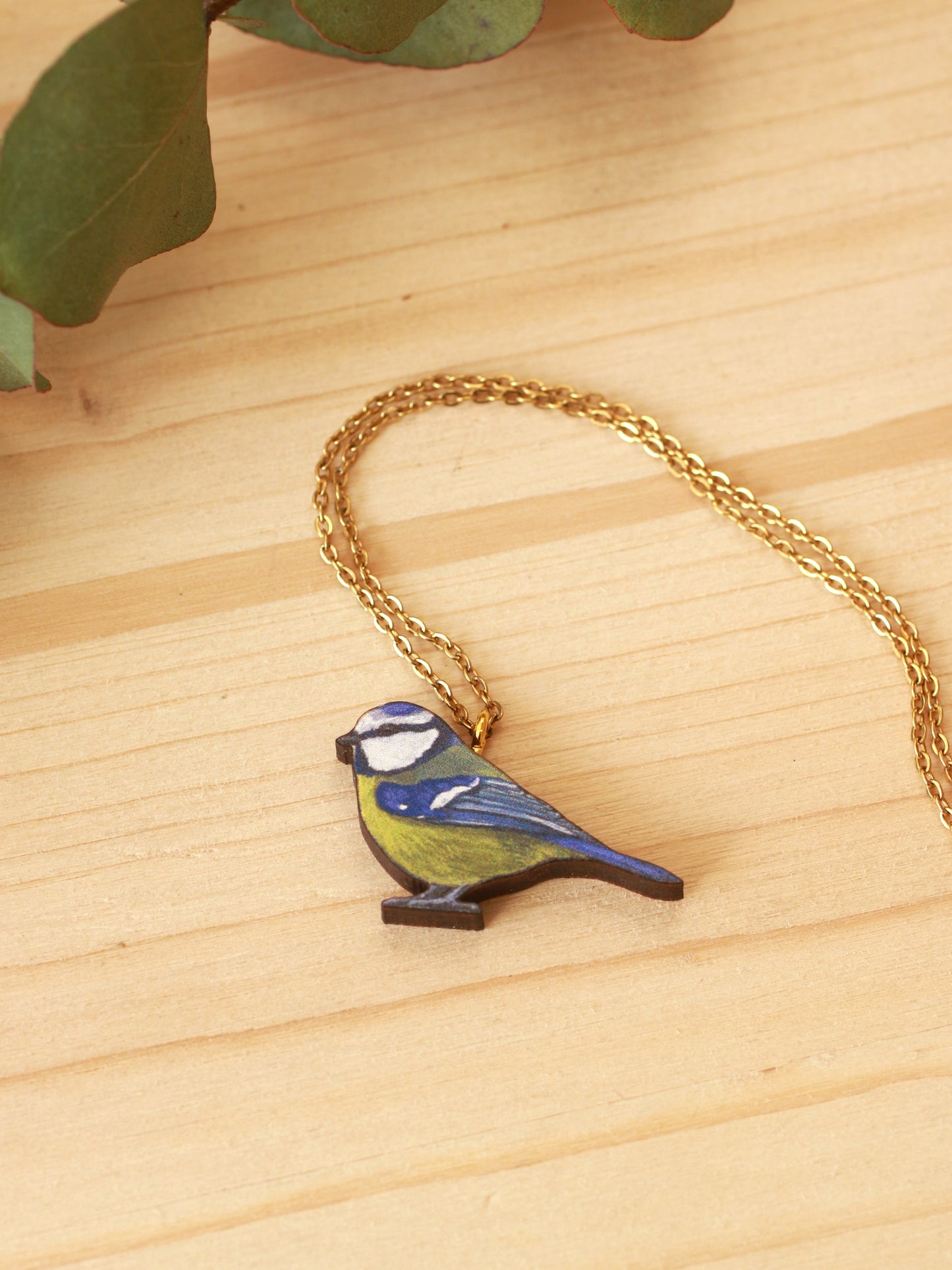 Blue tit necklace - wooden bird pendant