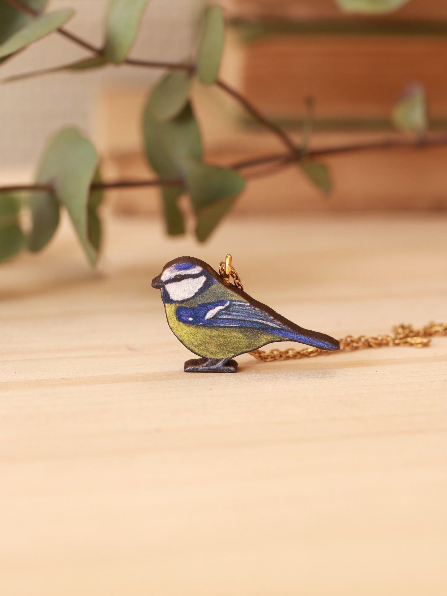 Blue tit necklace - wooden bird pendant