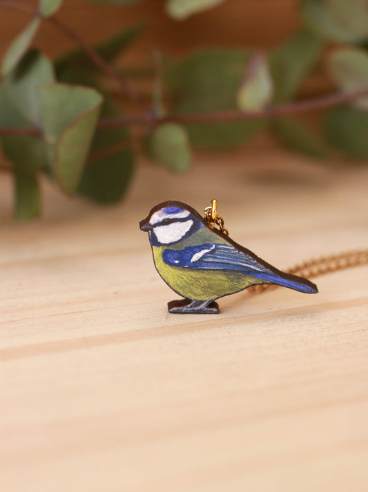 Blue tit necklace - wooden bird pendant