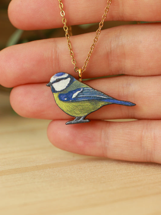 Blue tit necklace - wooden bird pendant