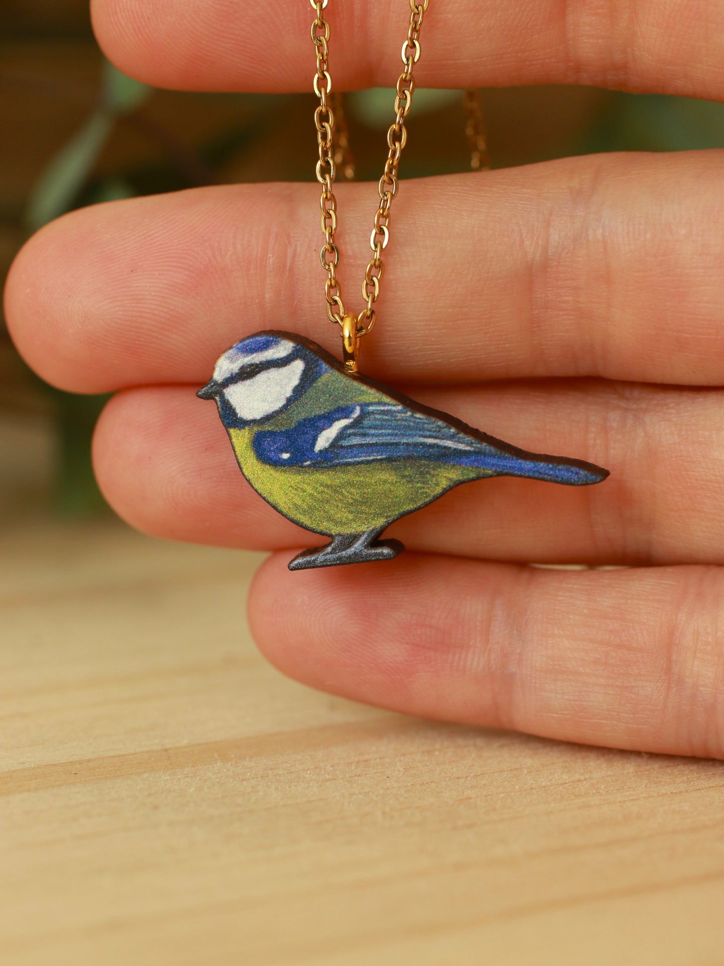 Blue tit necklace - wooden bird pendant