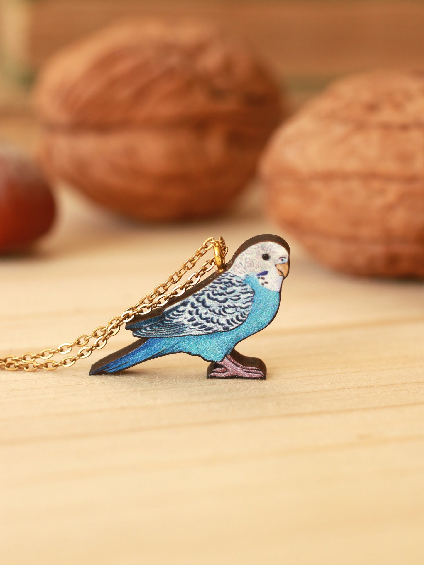 Blue budgie necklace - wooden Parrot pendant