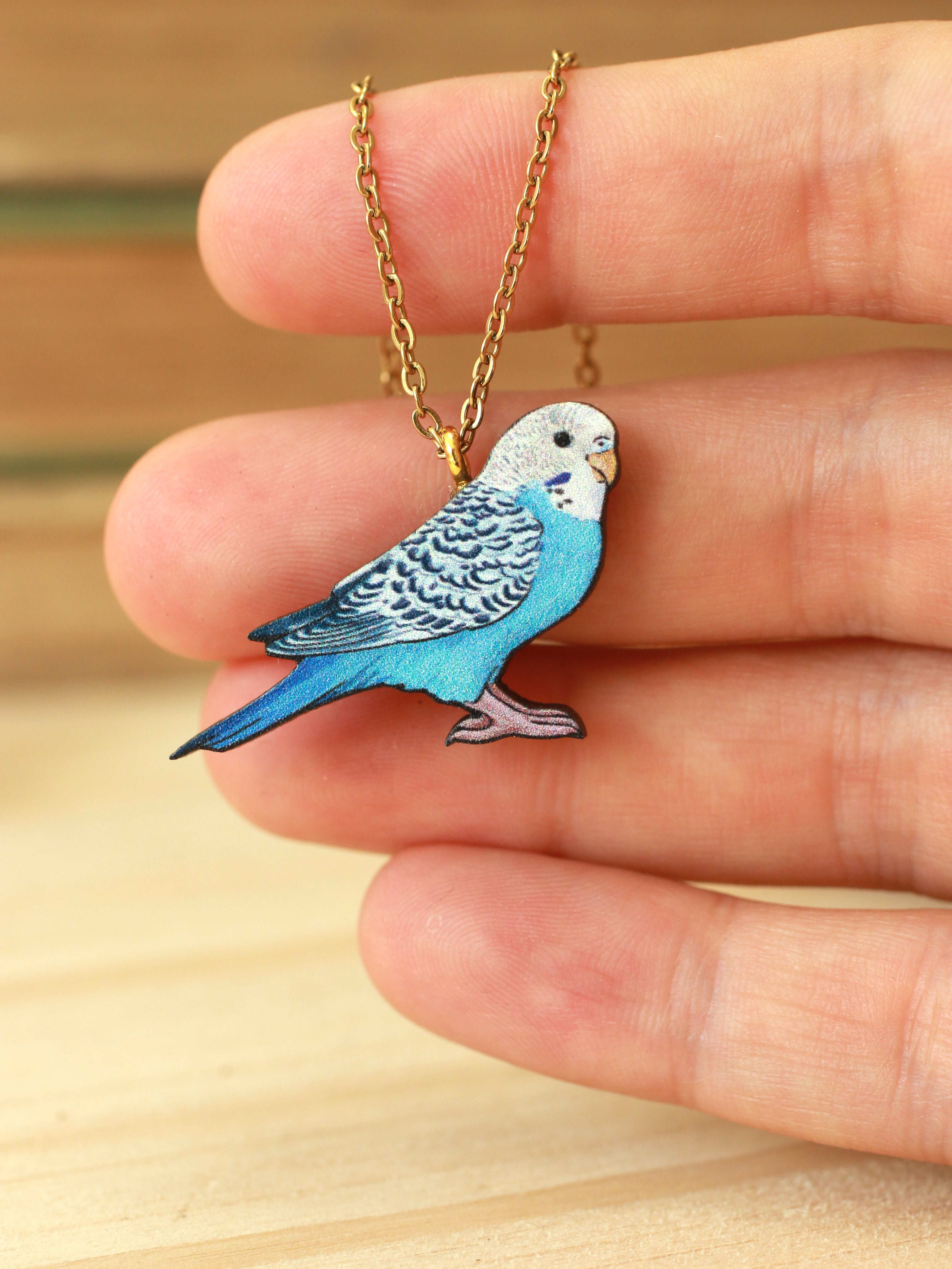 Blue budgie necklace wooden Parrot pendant Woods of wonder