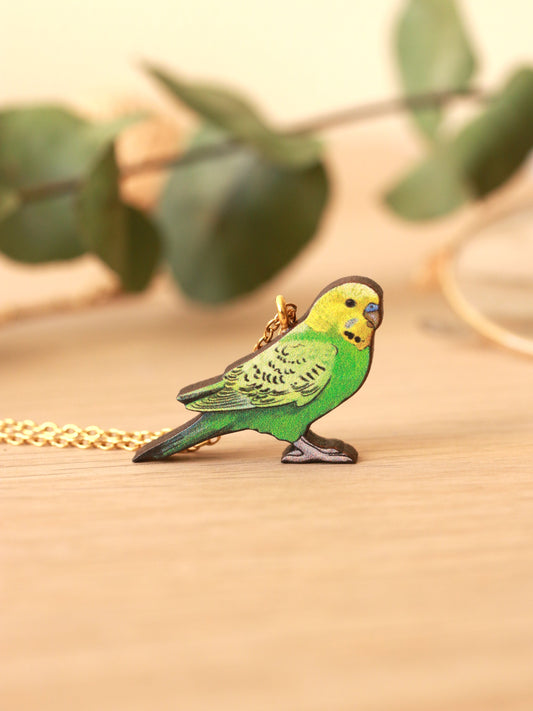 Green budgie necklace - wooden Parrot pendant