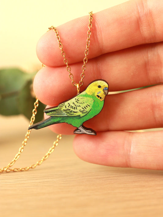 Green budgie necklace - wooden Parrot pendant