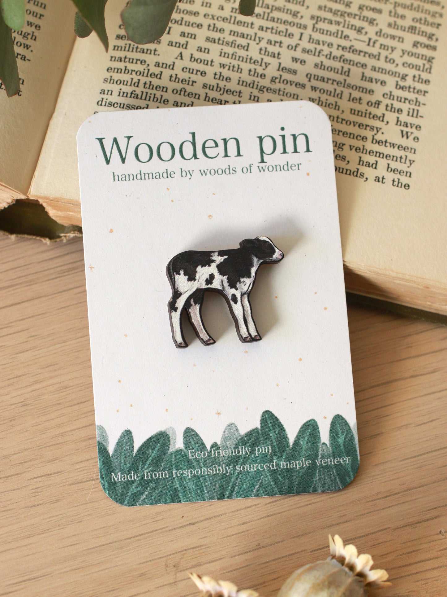 Cow pin - Wooden baby cow brooch