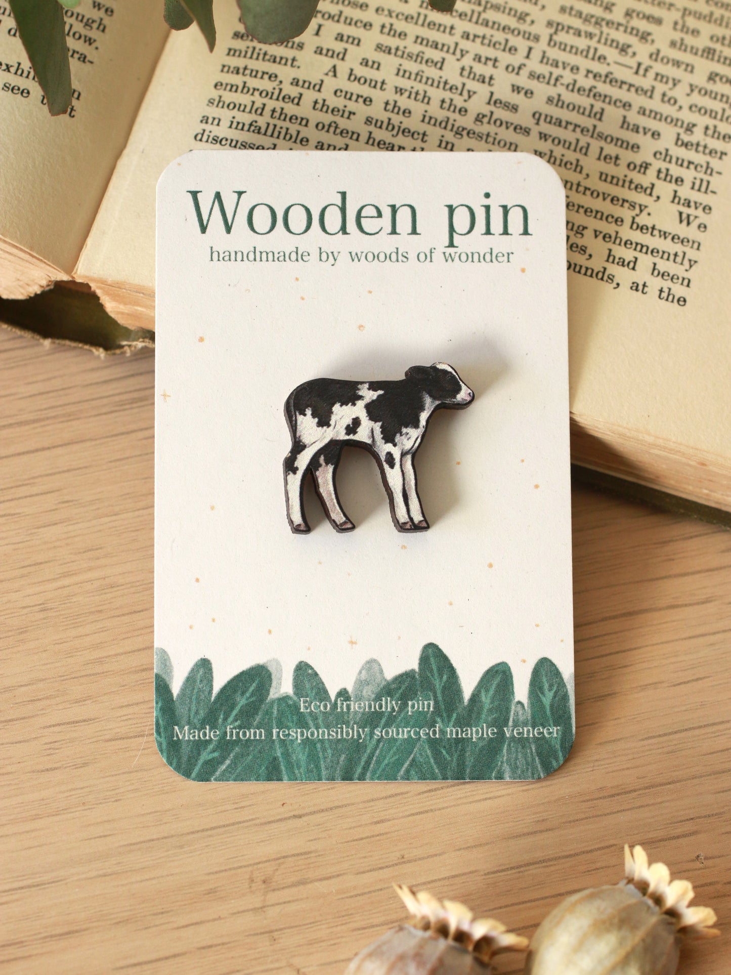 Cow pin - Wooden baby cow brooch