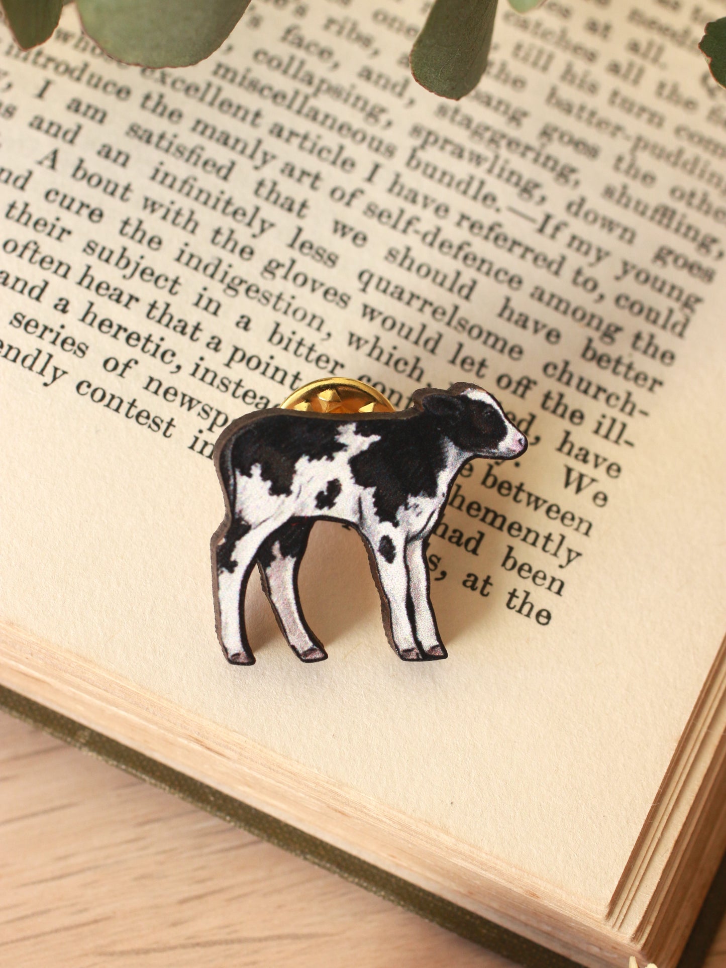 Cow pin - Wooden baby cow brooch