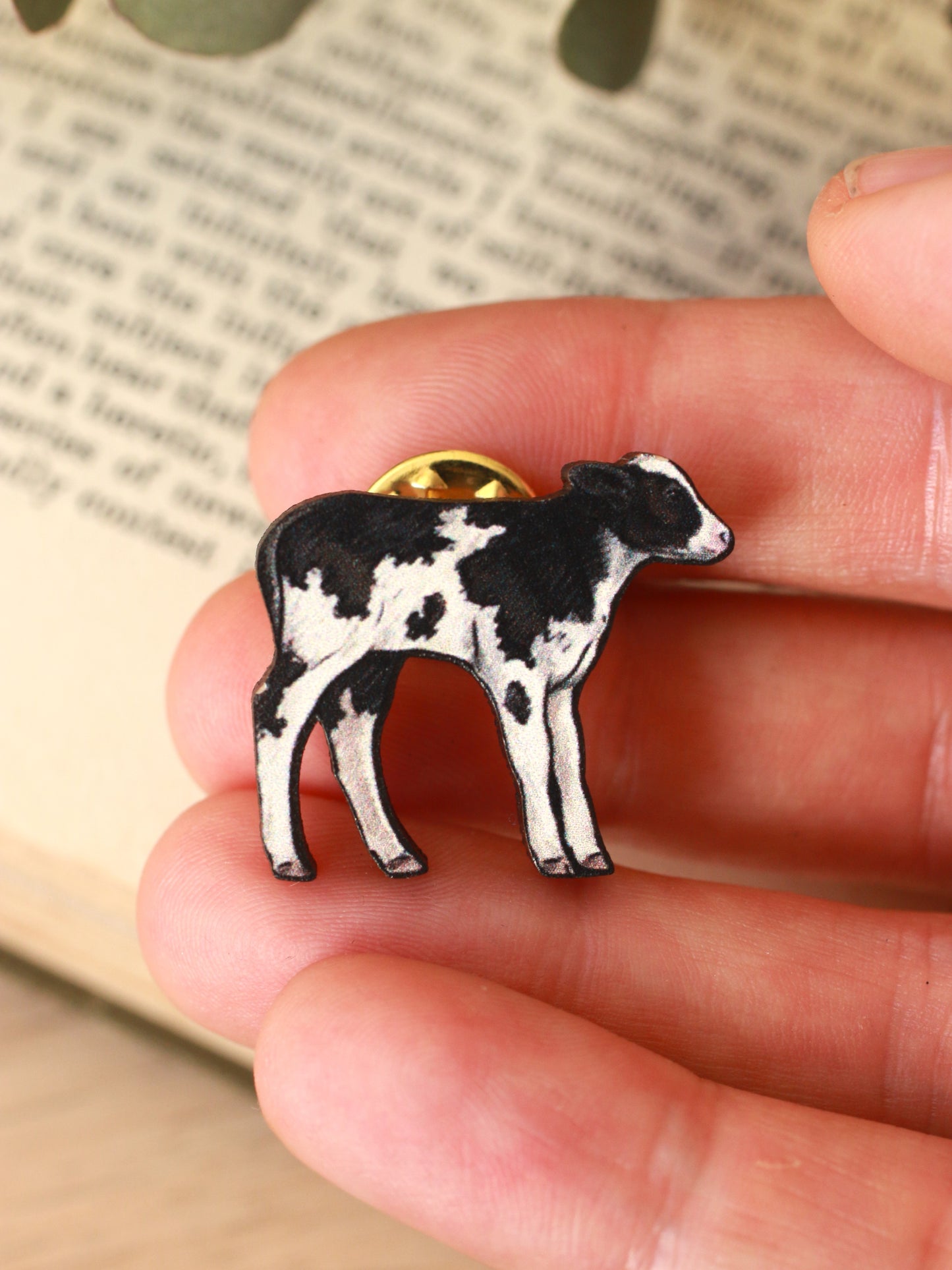 Cow pin - Wooden baby cow brooch