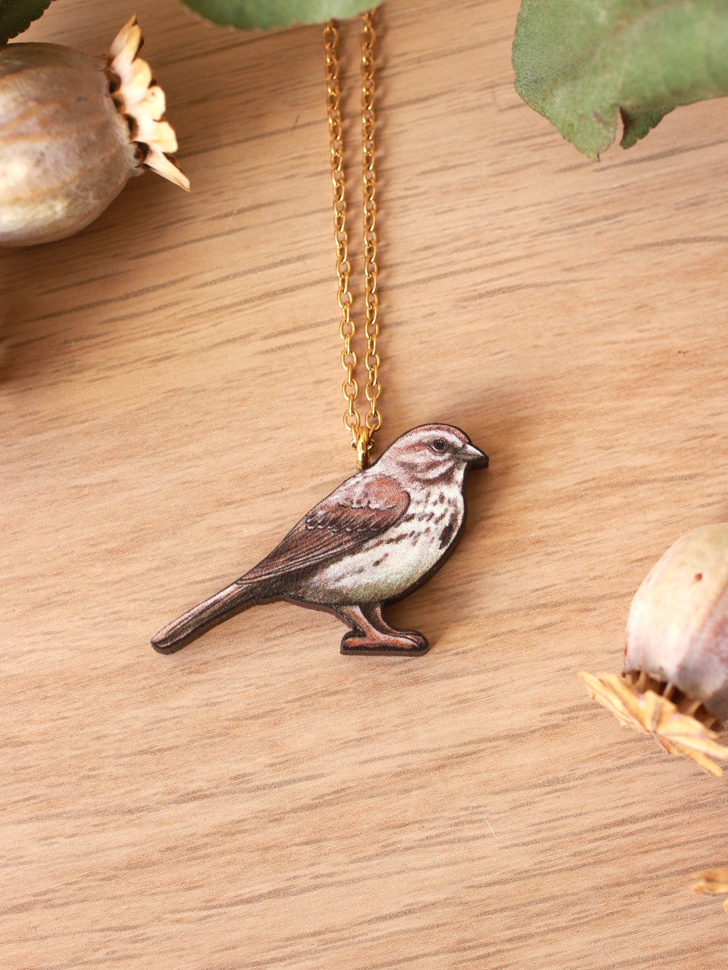 Song sparrow necklace - wooden bird pendant