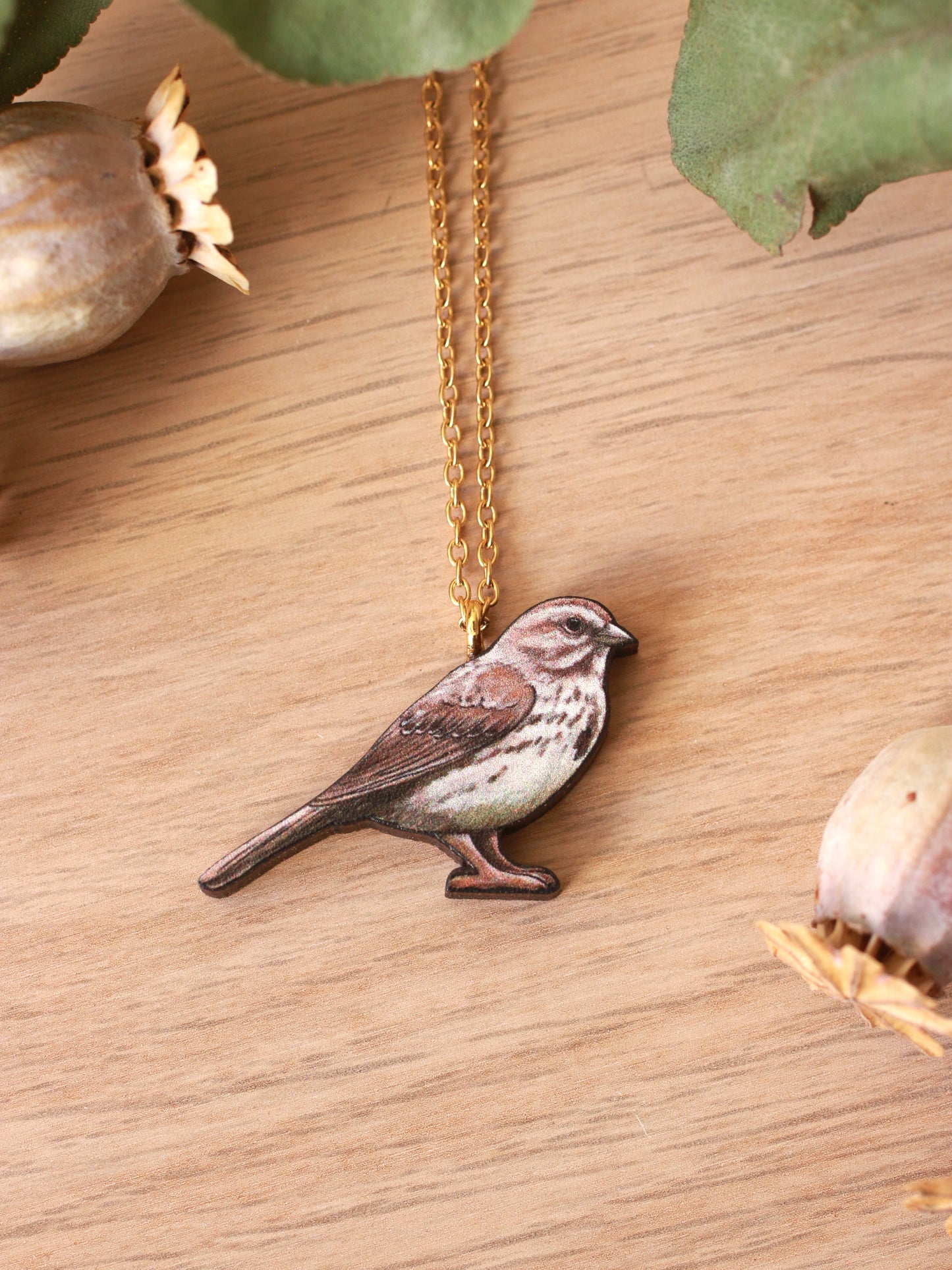 Song sparrow necklace - wooden bird pendant