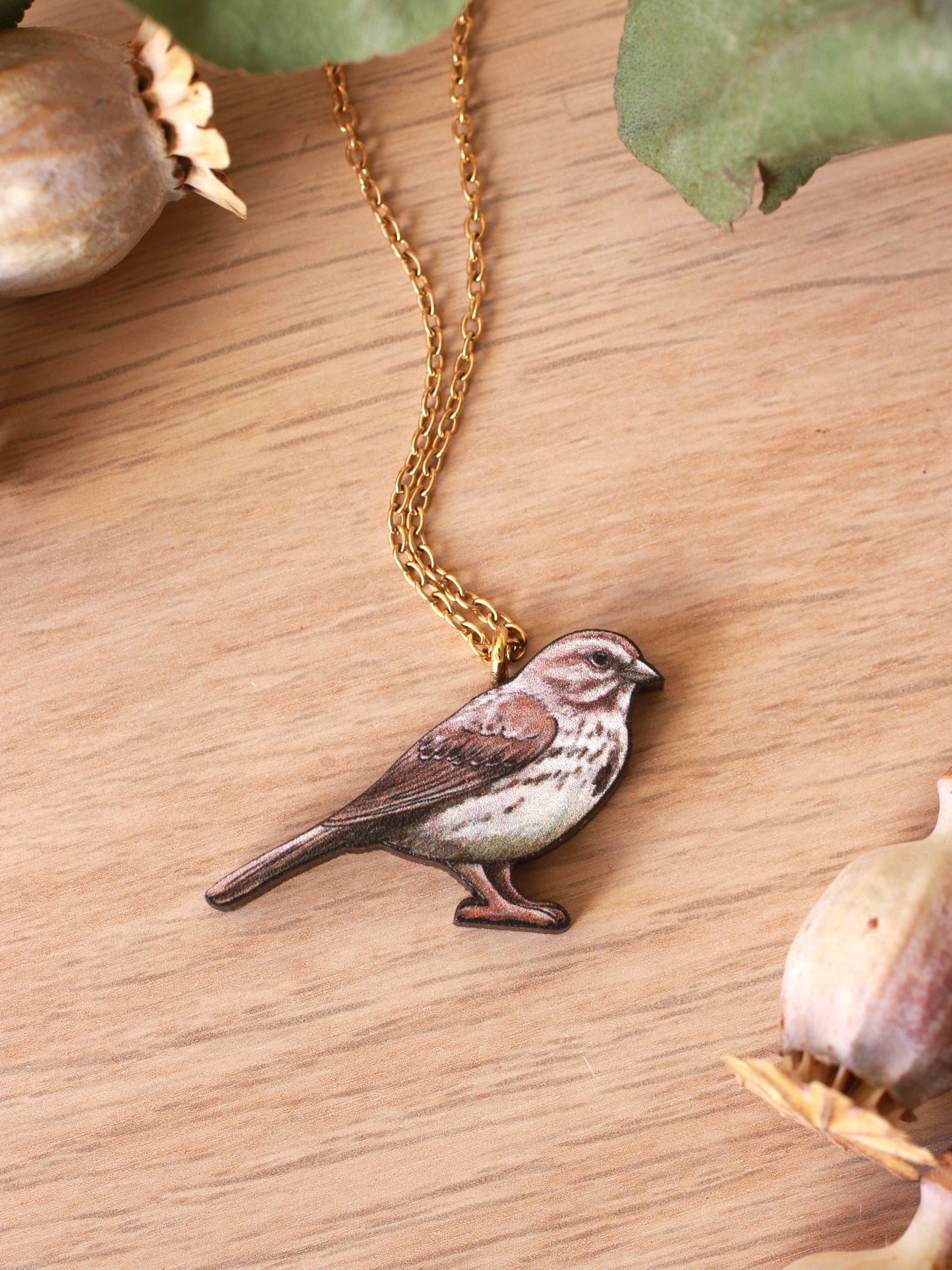 Song sparrow necklace - wooden bird pendant