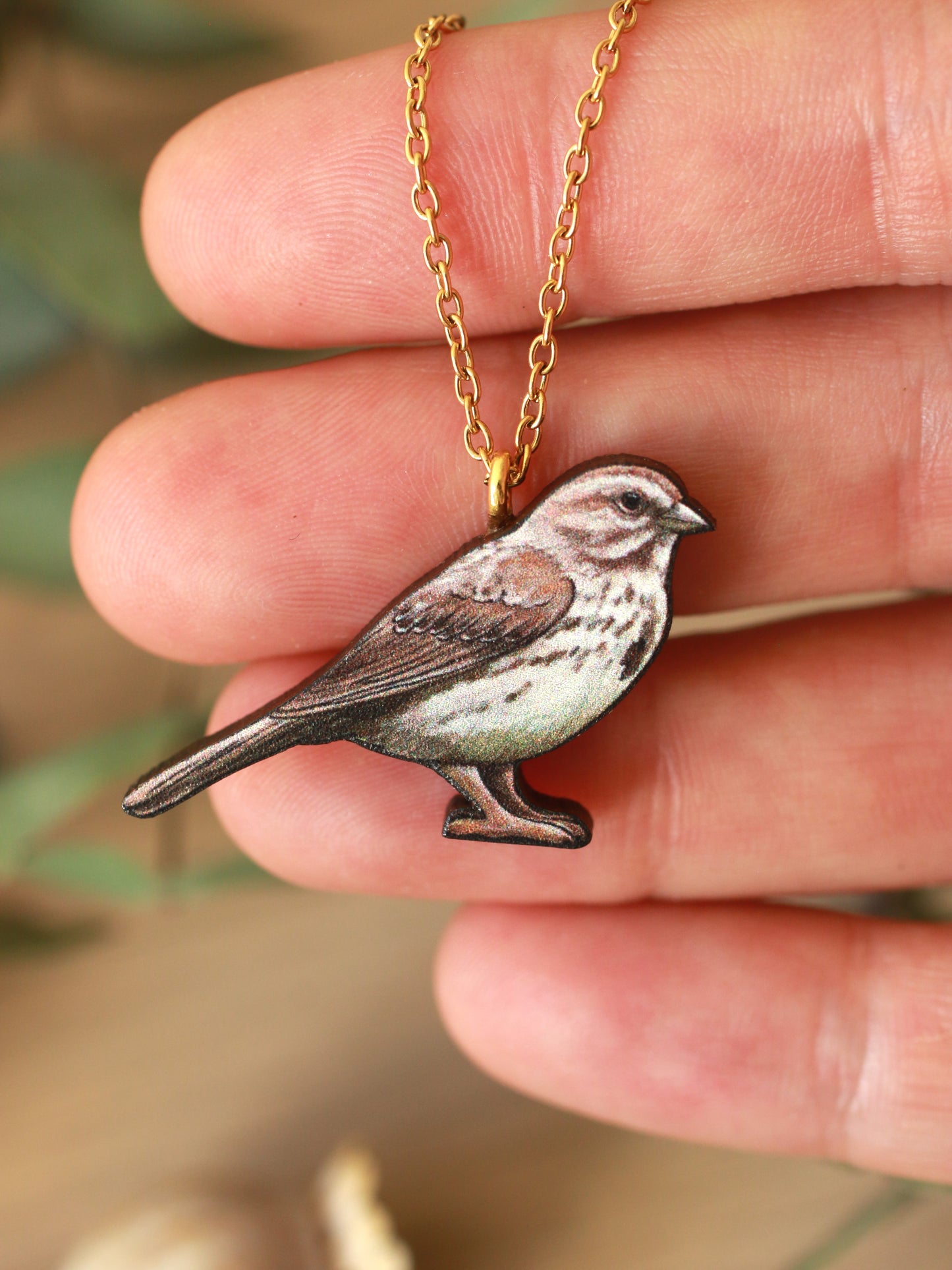 Song sparrow necklace - wooden bird pendant