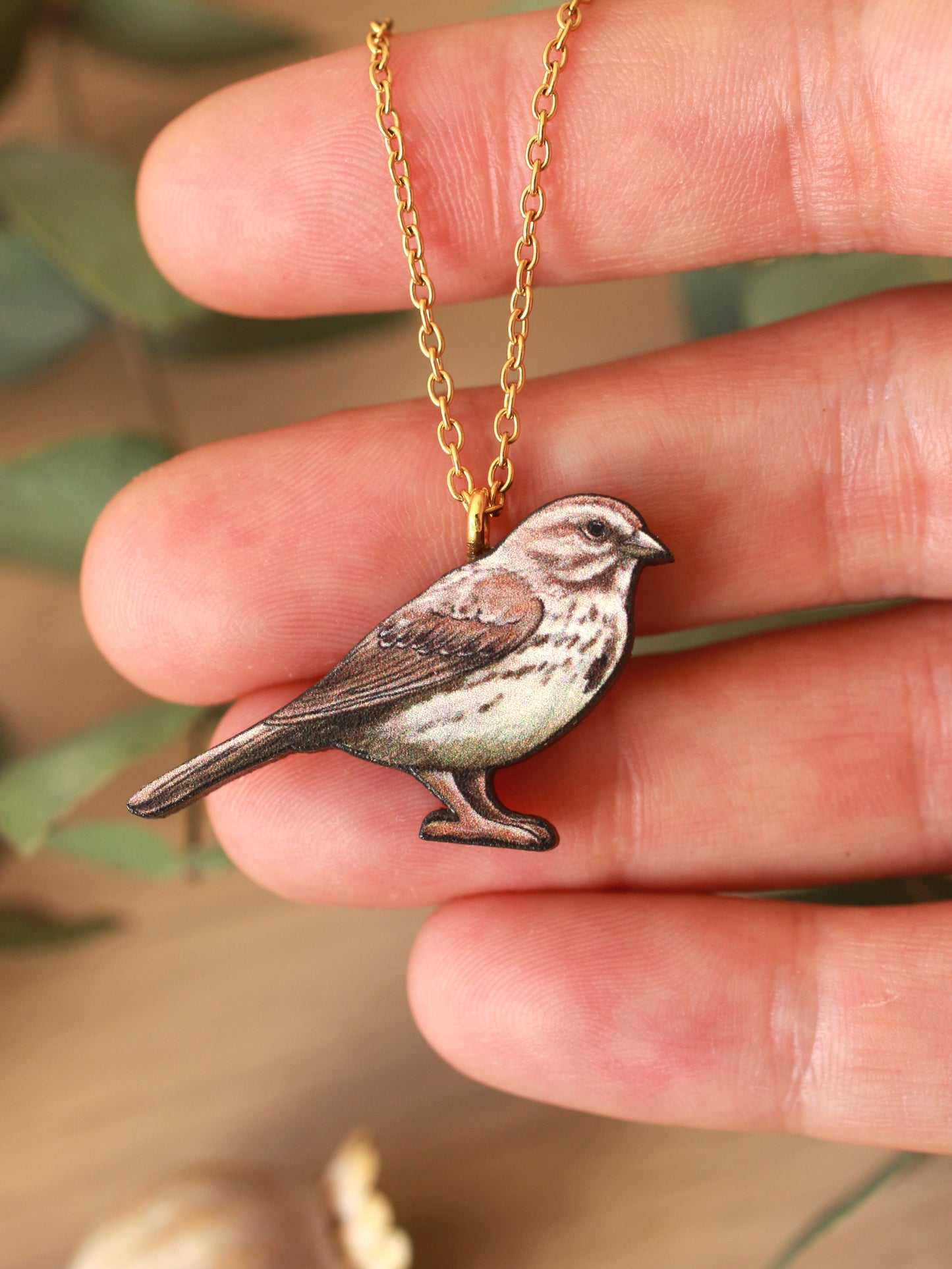 Song sparrow necklace - wooden bird pendant