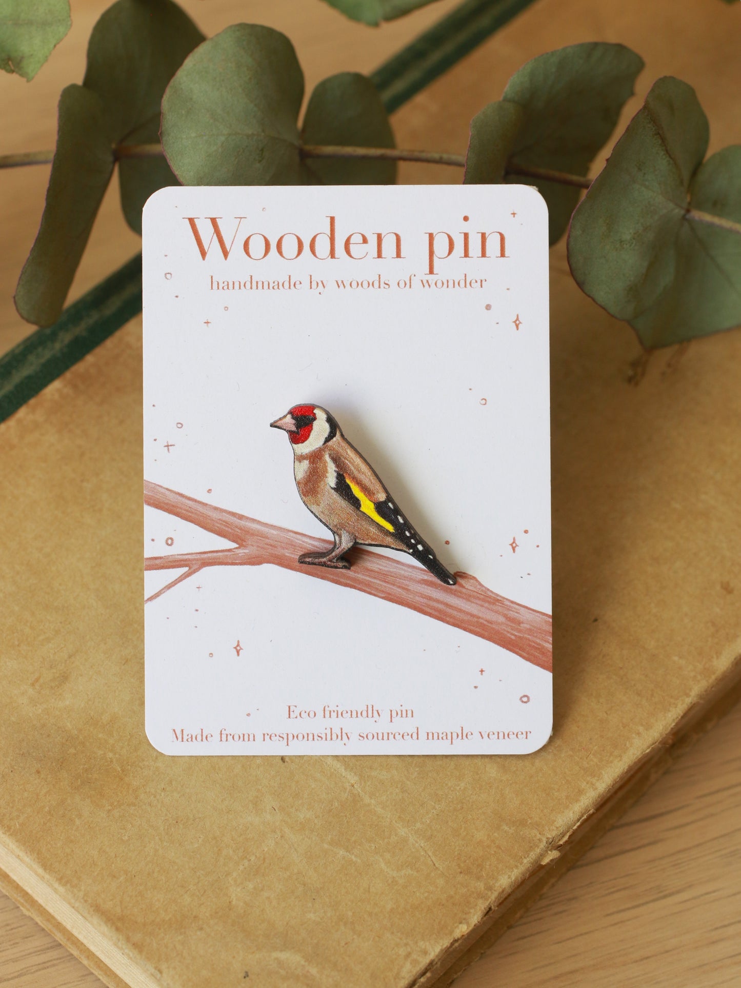 Goldfinch pin - wooden bird pin