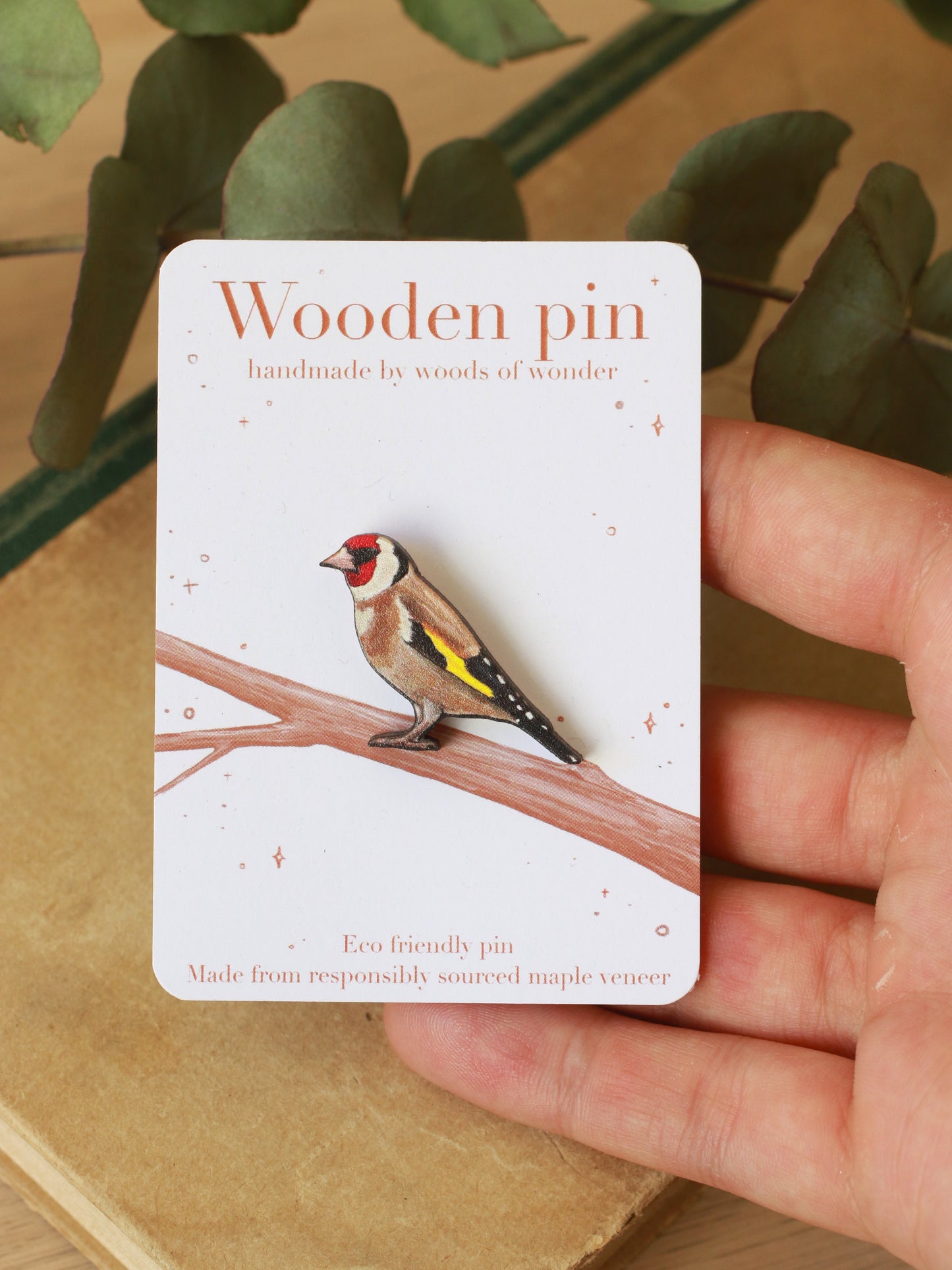 Goldfinch pin - wooden bird pin