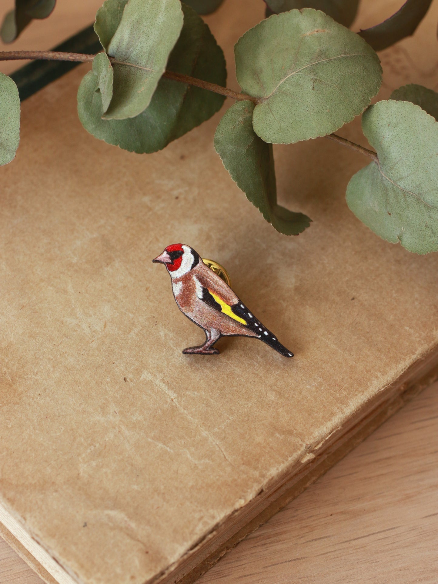 Goldfinch pin - wooden bird pin