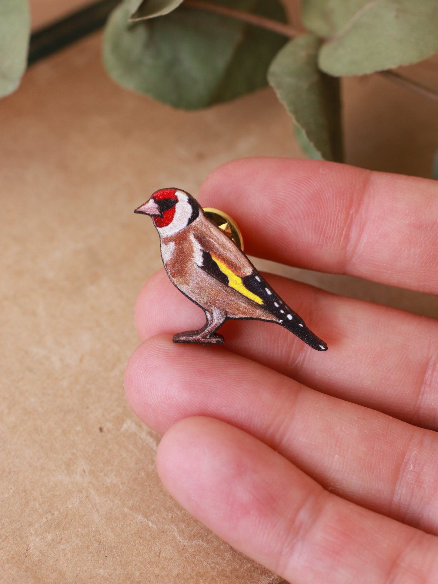 Goldfinch pin - wooden bird pin