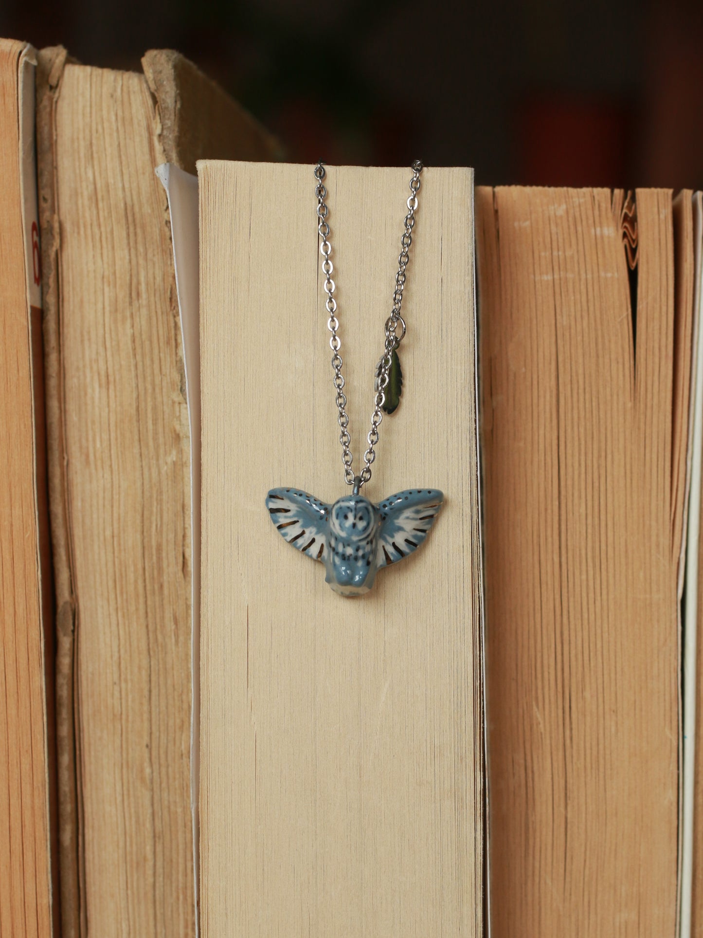Great grey owl necklace with a feather charm