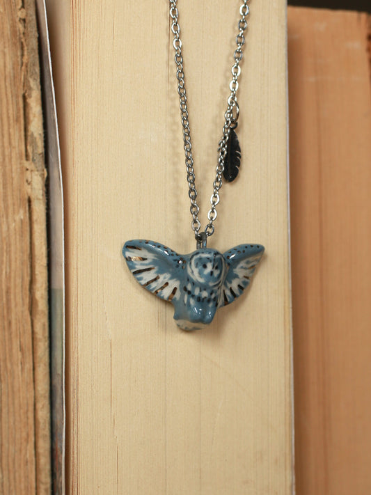 Great grey owl necklace with a feather charm