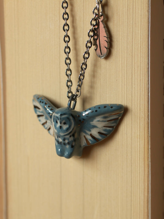 Great grey owl necklace with a feather charm