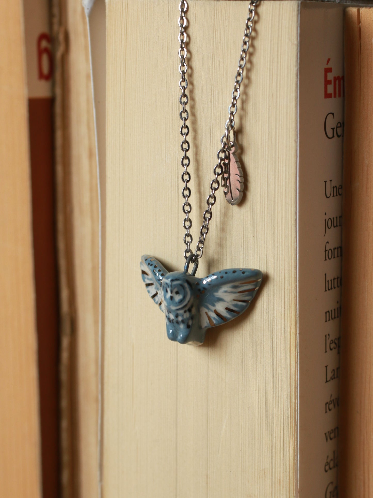 Great grey owl necklace with a feather charm