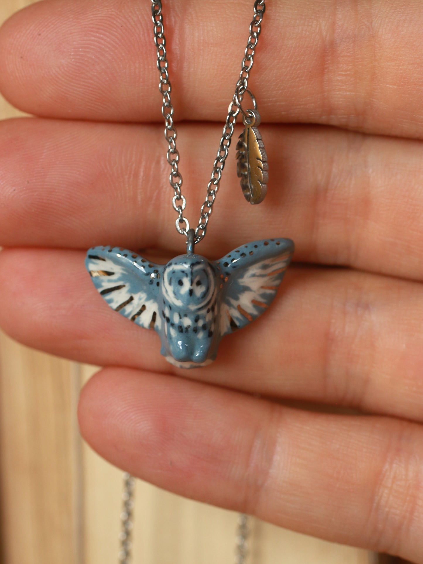 Great grey owl necklace with a feather charm