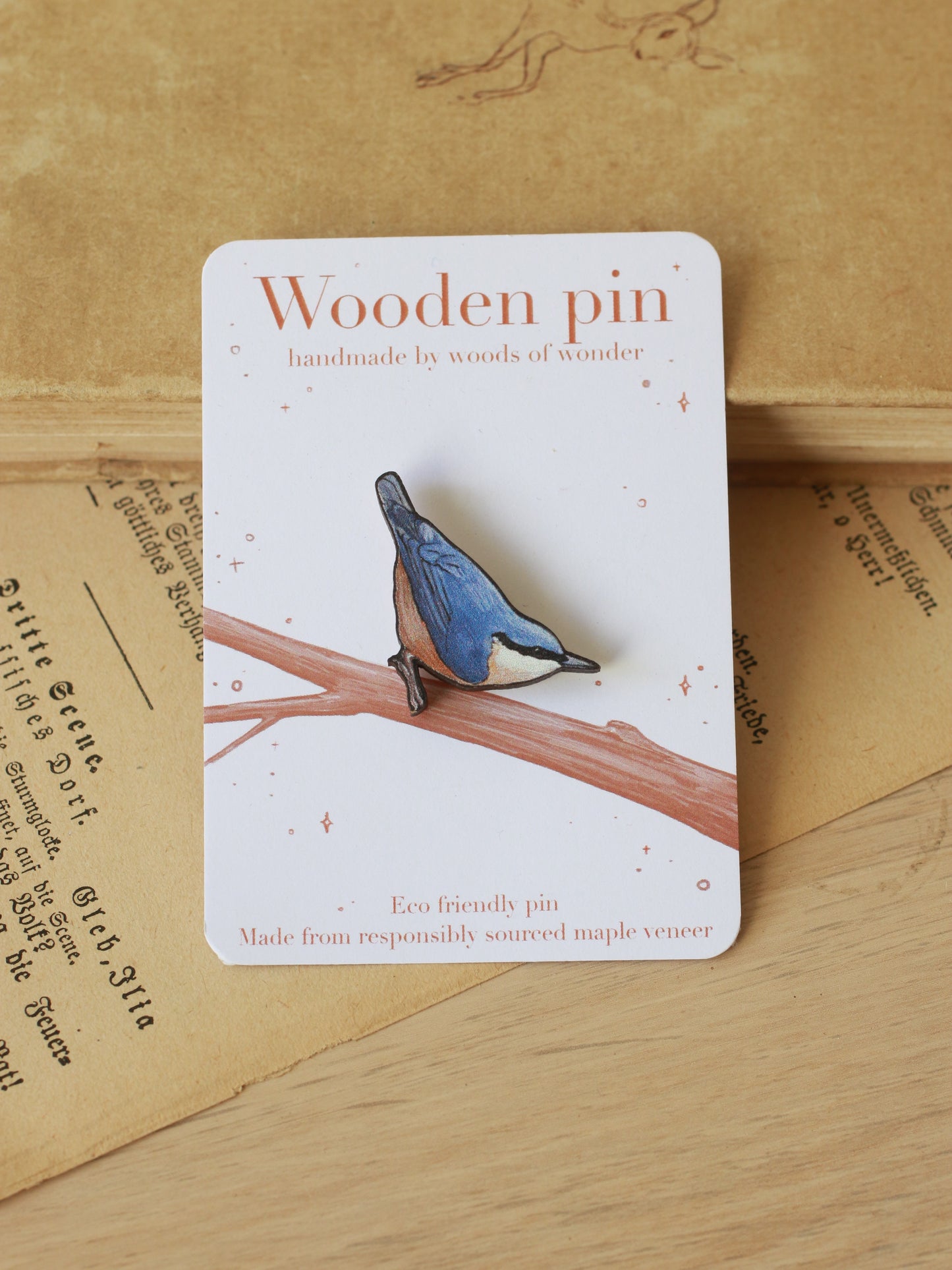 Nuthatch pin - wooden bird pin