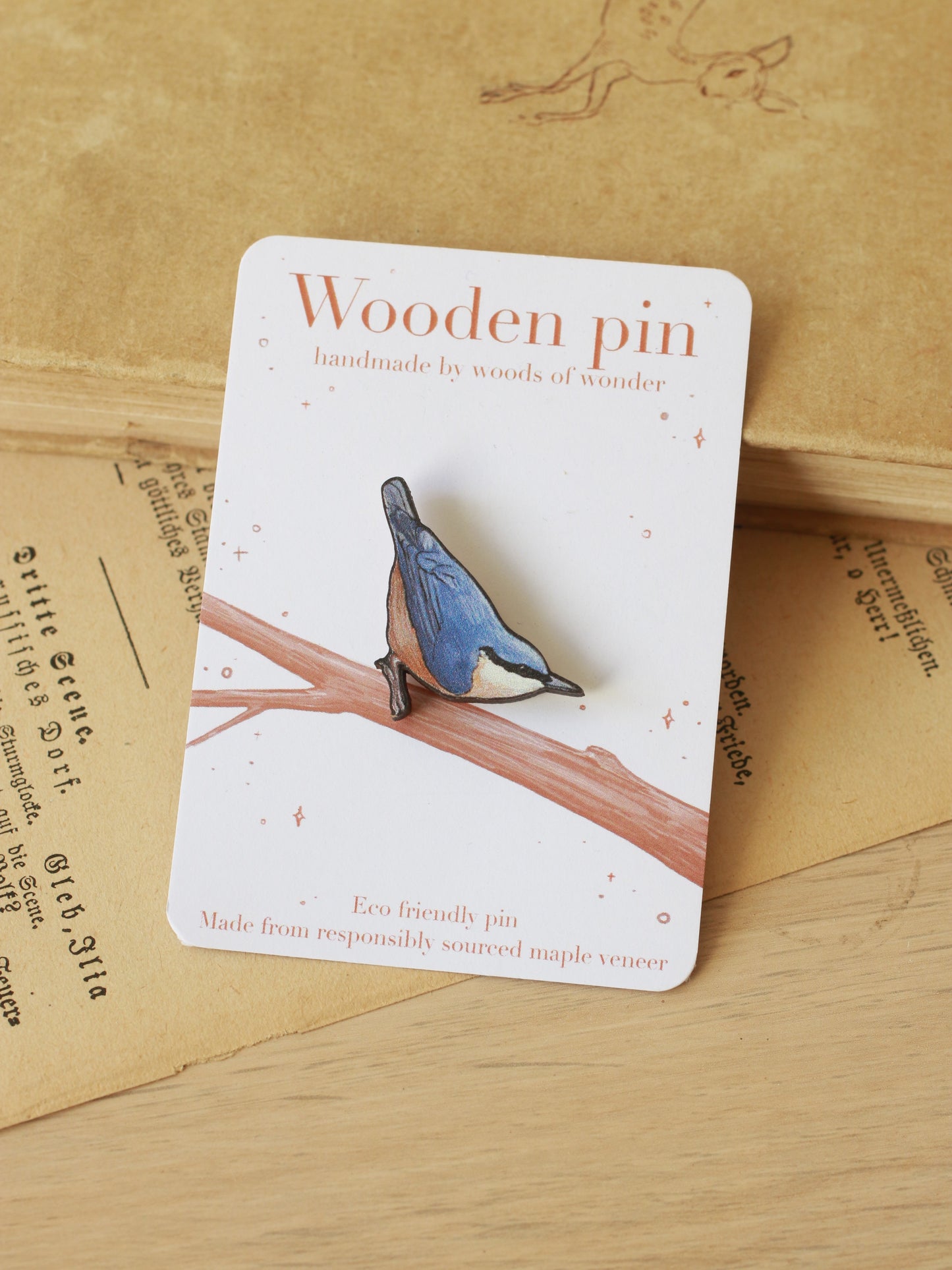 Nuthatch pin - wooden bird pin