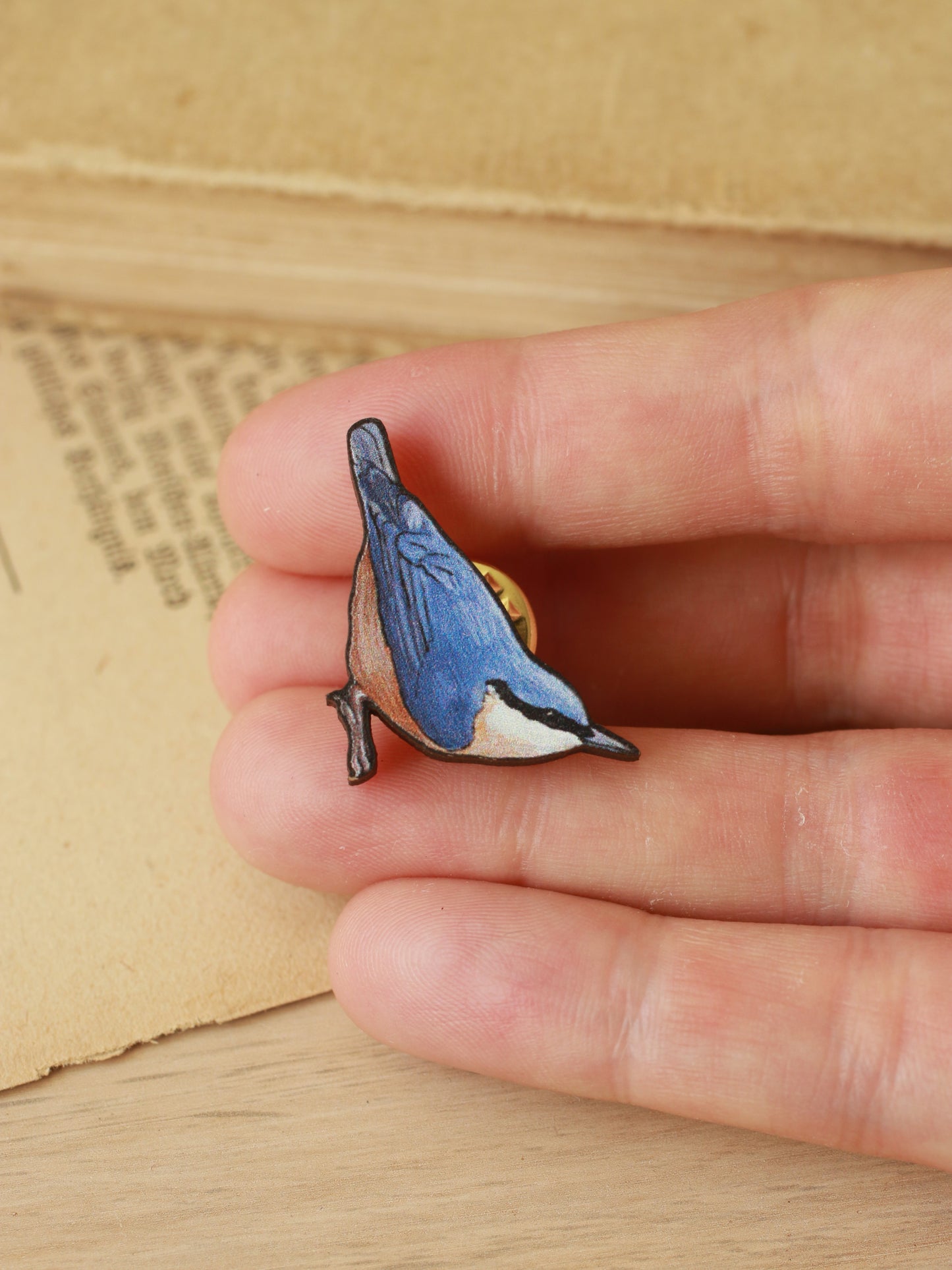 Nuthatch pin - wooden bird pin