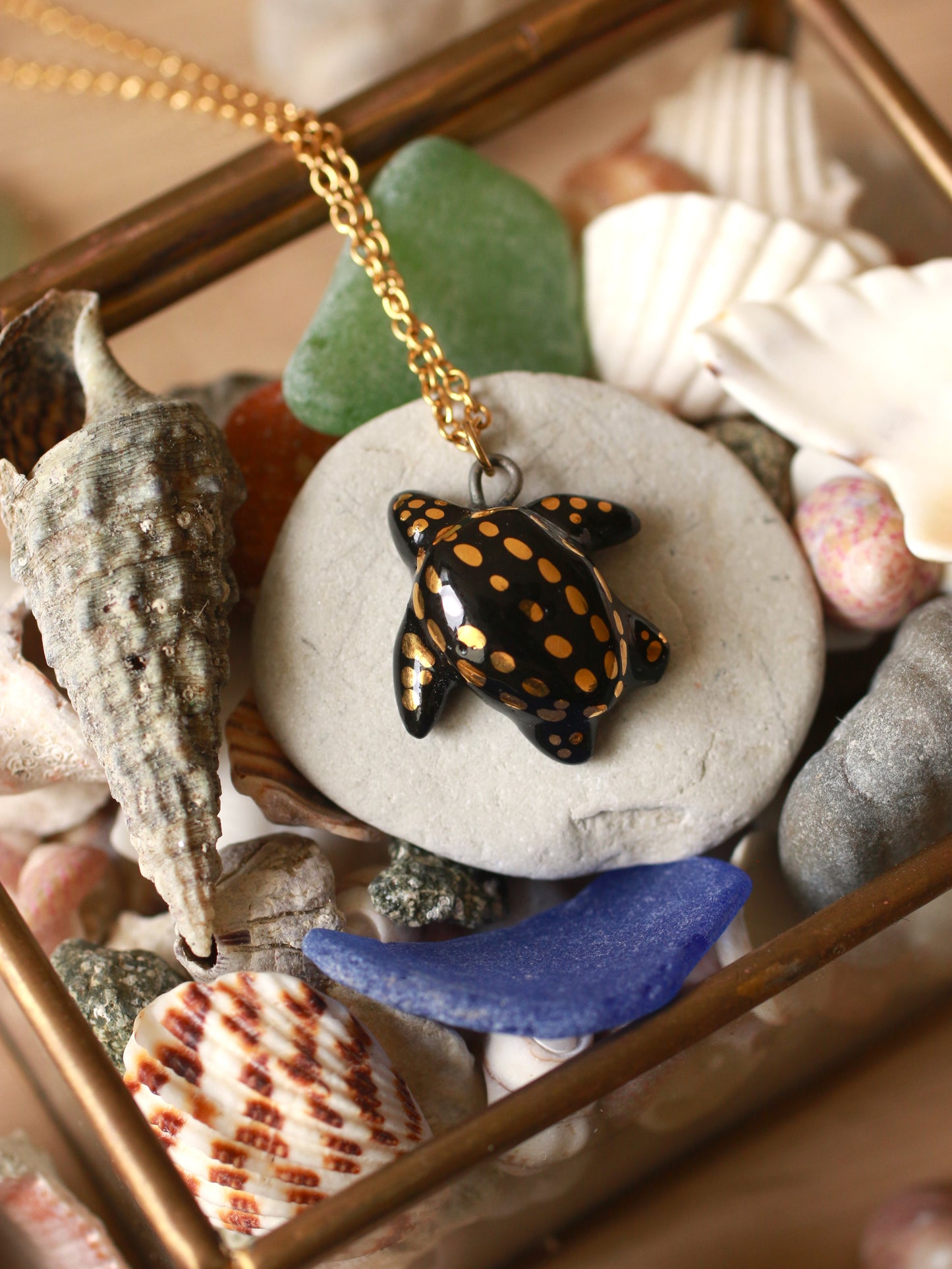 Ceramic black sea turtle necklace -  with 22k gold details