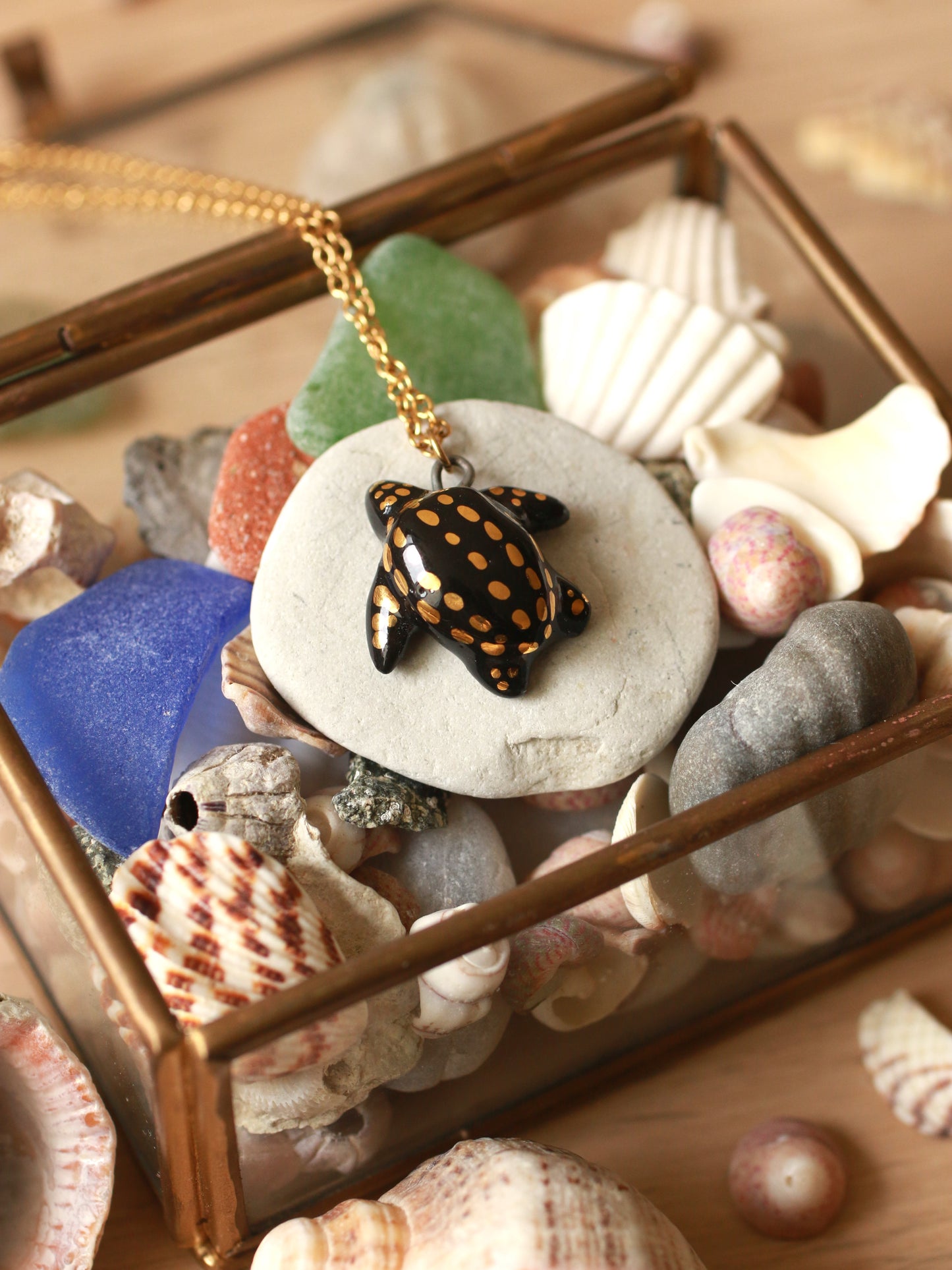 Ceramic black sea turtle necklace -  with 22k gold details