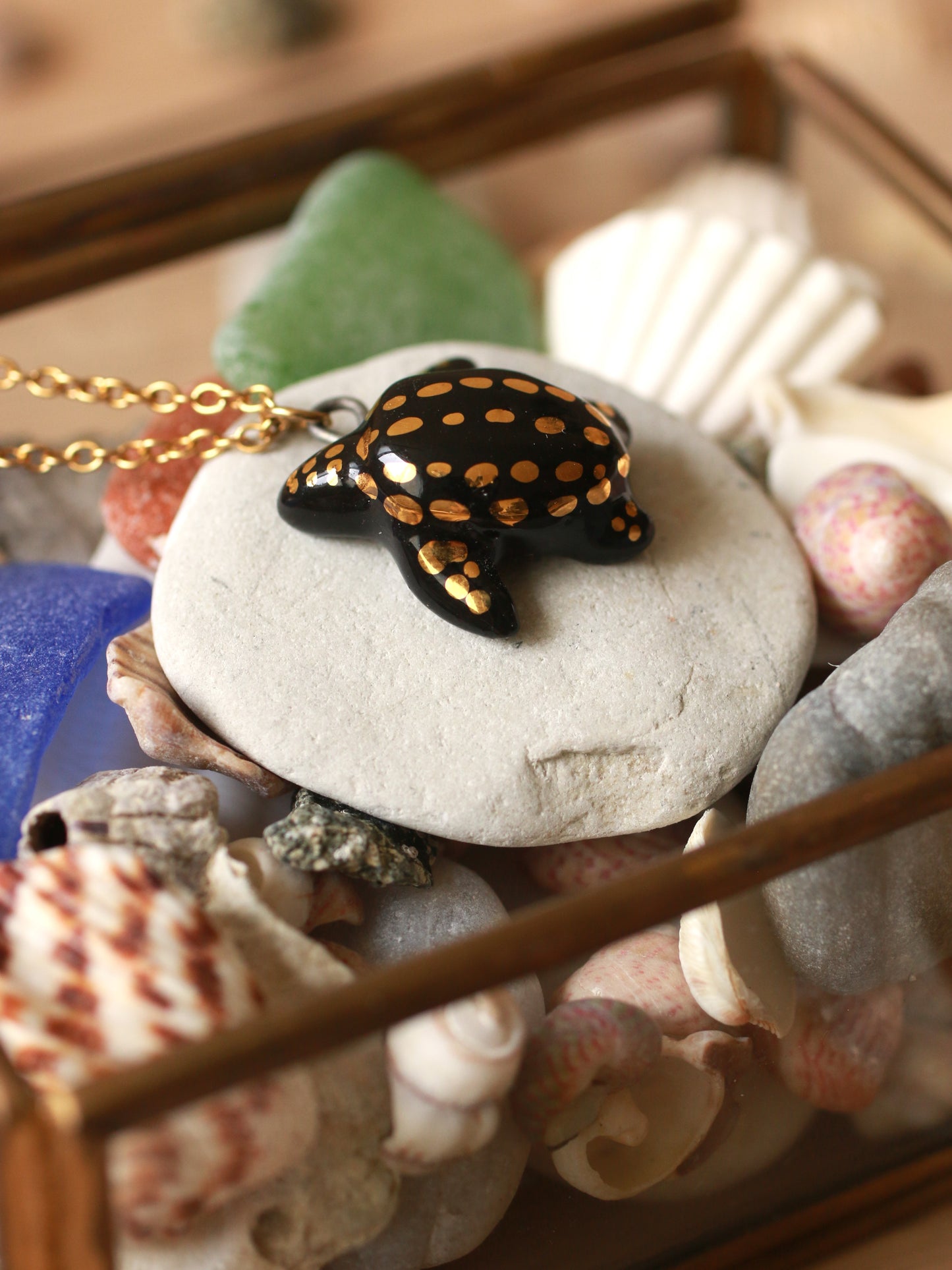 Ceramic black sea turtle necklace -  with 22k gold details