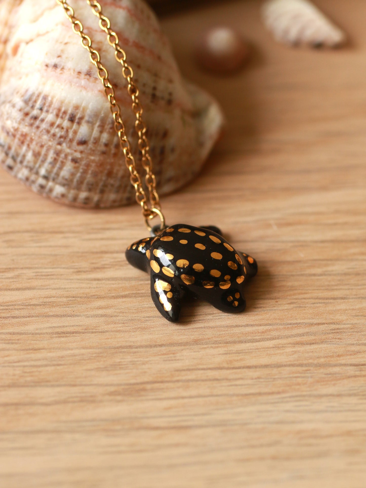 Ceramic black sea turtle necklace -  with 22k gold details