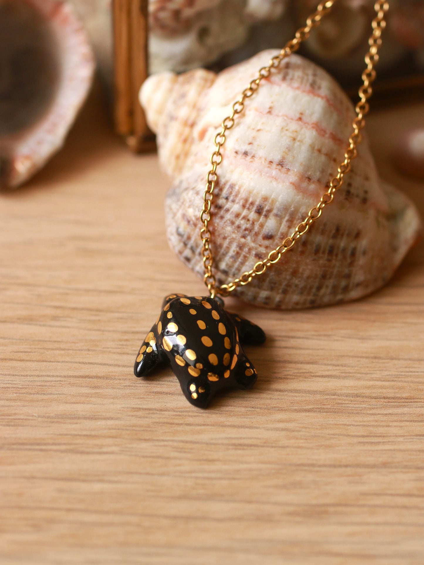 Ceramic black sea turtle necklace -  with 22k gold details