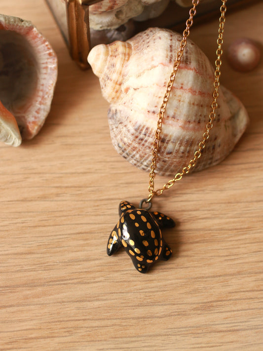 Ceramic black sea turtle necklace -  with 22k gold details