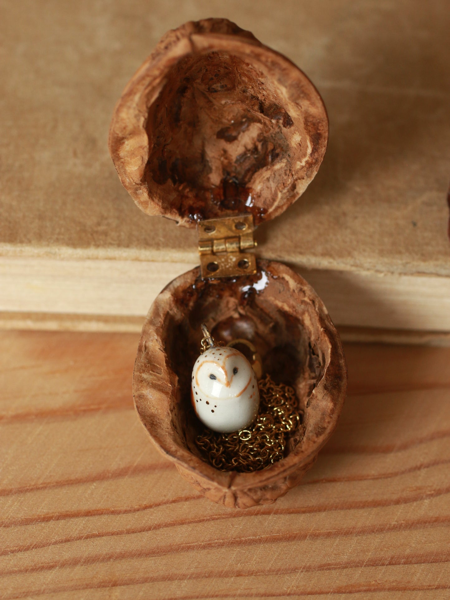 Baby owl necklace in a nutshell box