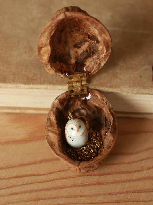 Baby owl necklace in a nutshell box