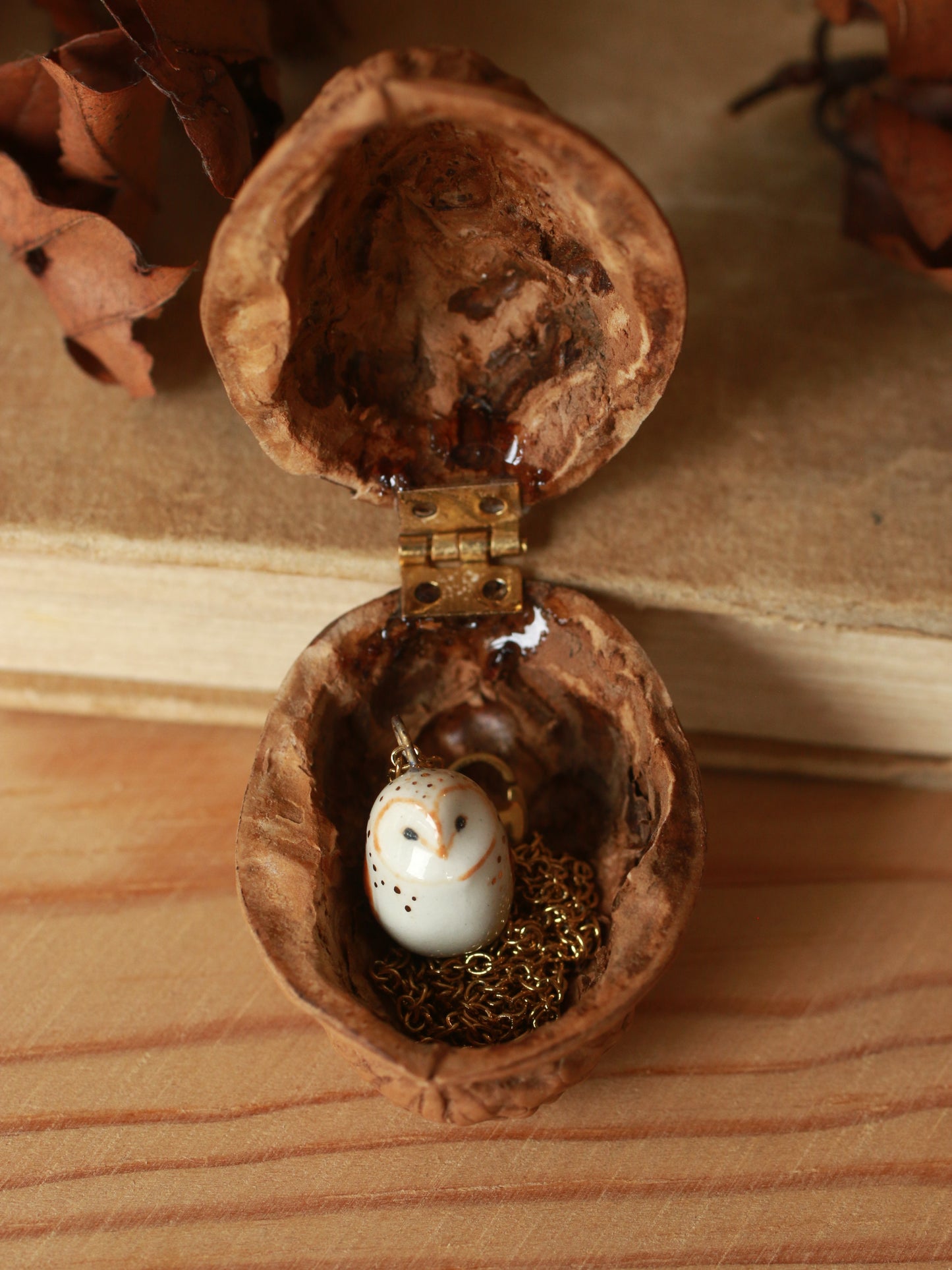 Baby owl necklace in a nutshell box