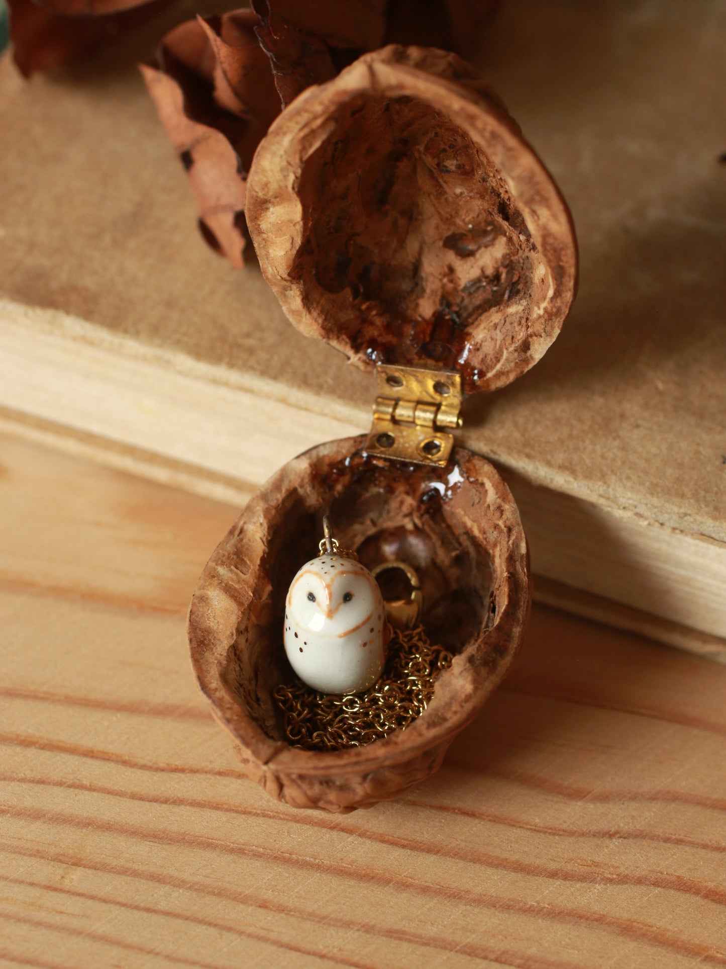 Baby owl necklace in a nutshell box