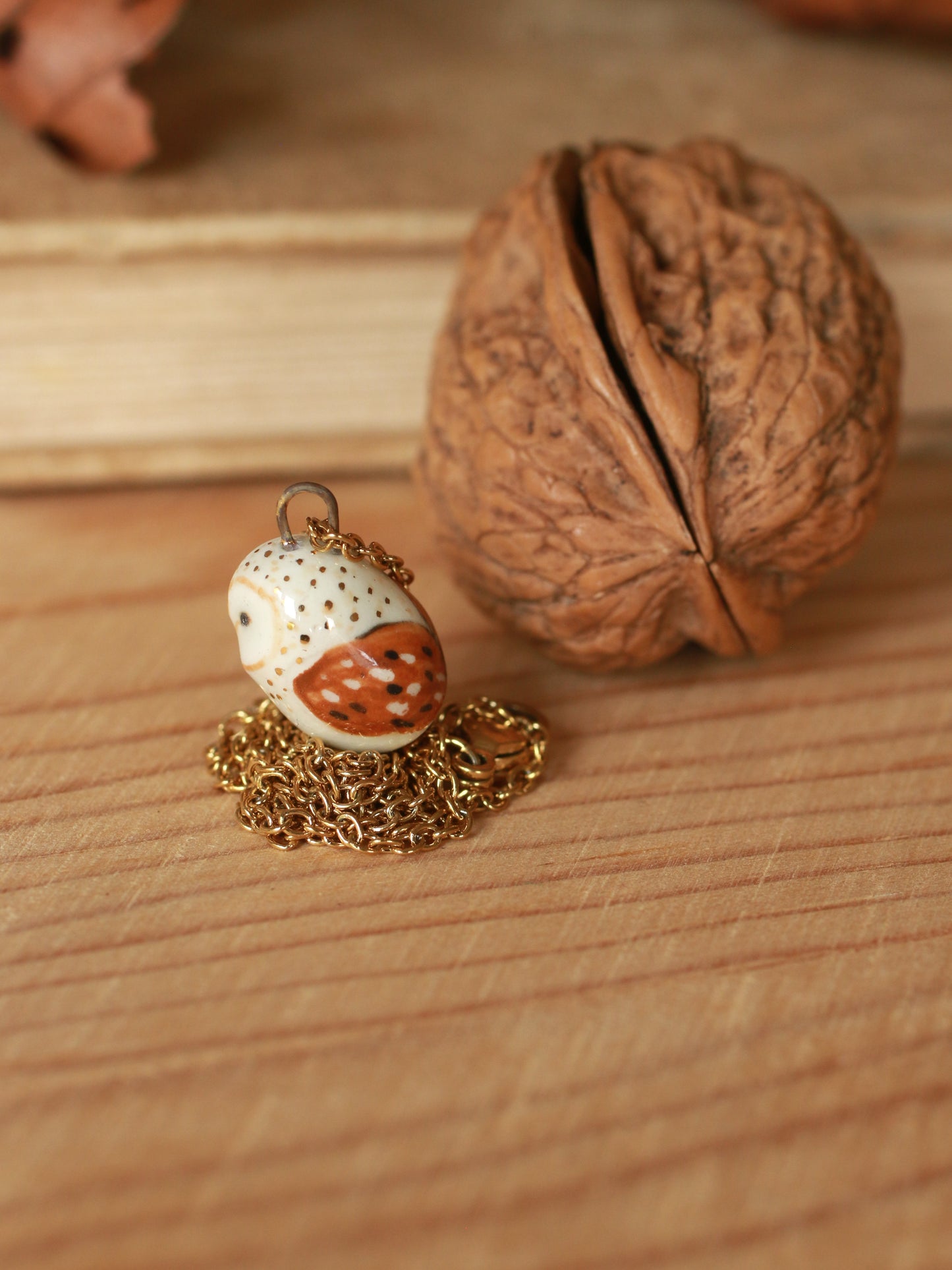 Baby owl necklace in a nutshell box