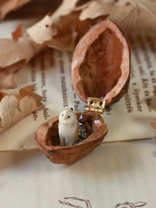 Barn owl necklace in a nutshell box