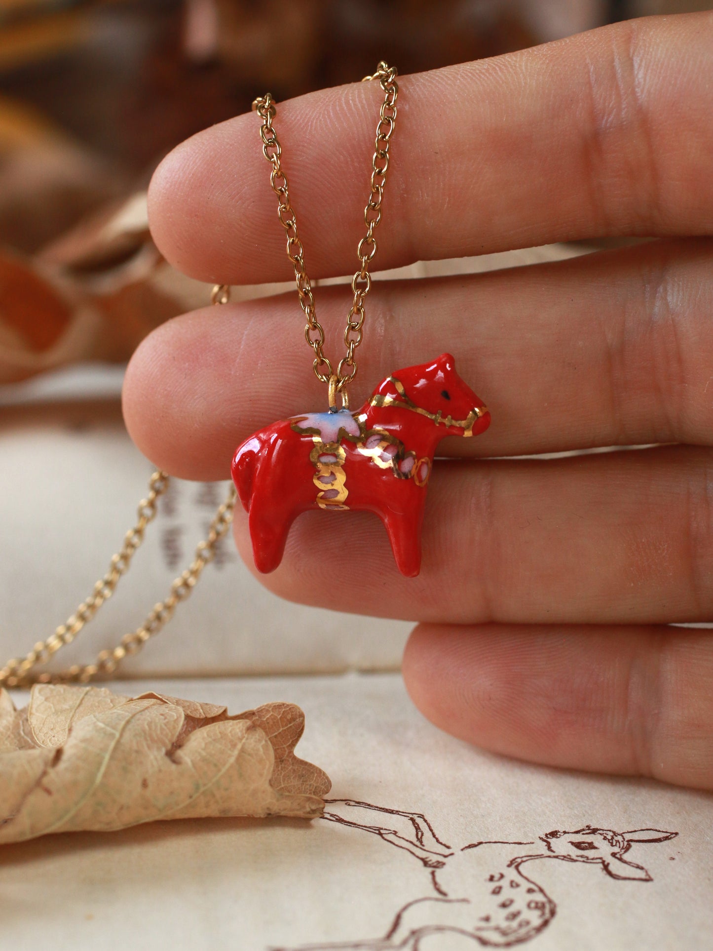 Dala horse necklace